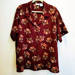 Liz Baker Button-up Top, Short Sleeve, Floral, Maroon Brown, Plus, Sz 26W